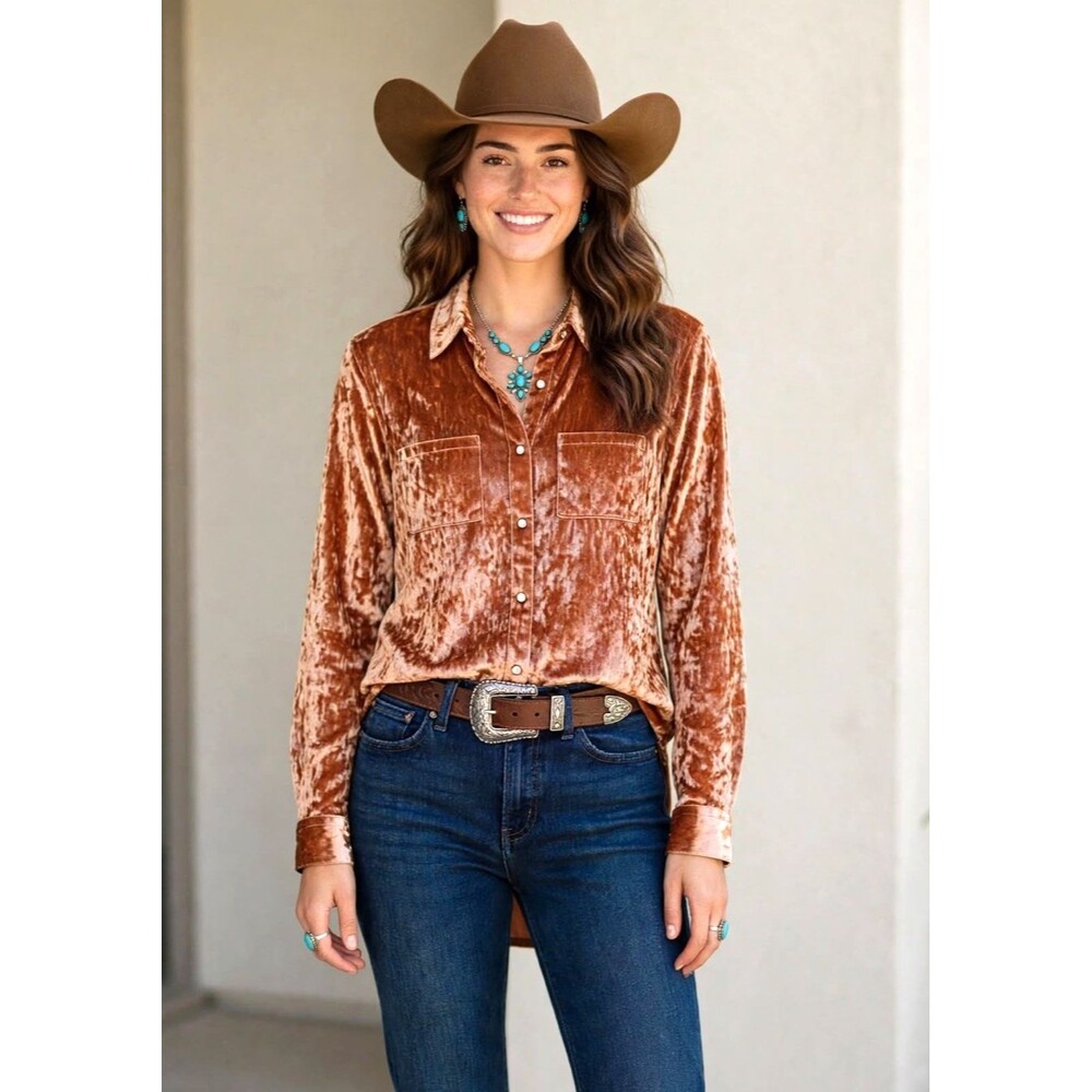 Copper Rust Crushed Velvet Snap Shirt M Western Y2K "Rock & Roll Cowgirl Boho